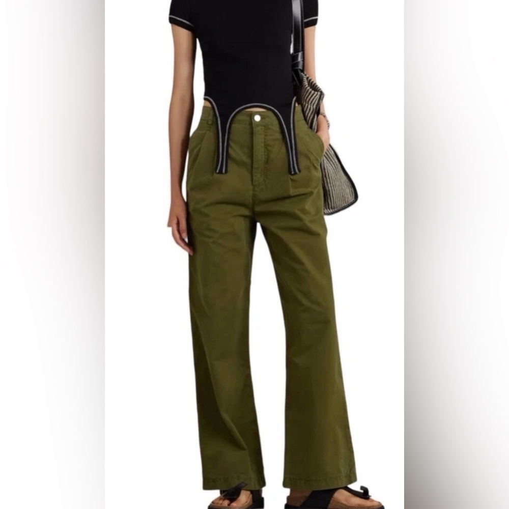 FRAME Pleated Cotton Twill Wide Leg In Surplus Green Trousers Women’s 25‎